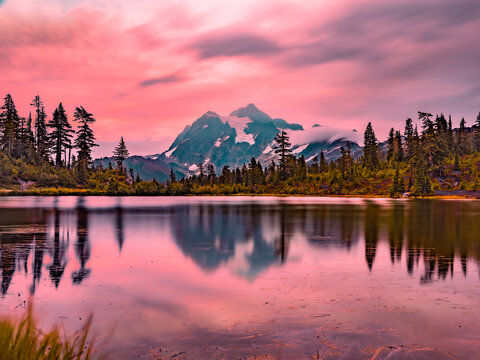 Sunrise over Mt. Shuksan over the Picture Lake, 