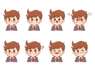 Cute cartoon businessman in different facial expressions set isolated vector illustration.