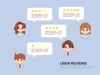 Cute cartoon business people in User reviews and feedback concept. vector illustration premium.