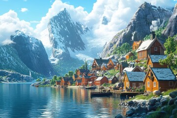 Scenic village by clear blue water and mountains.