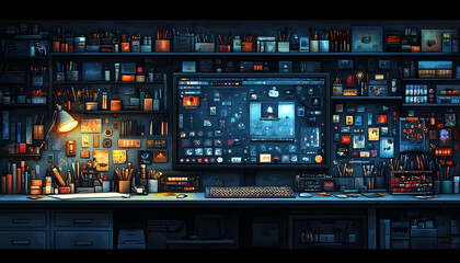 Artist's Night Studio, Desk, Computer, Supplies.