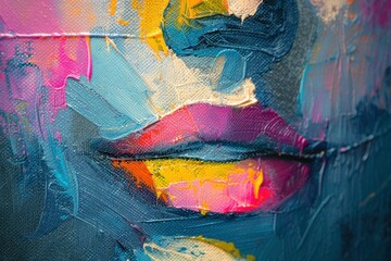 Fototapeta premium Colorful abstract portrait with vibrant brush strokes, highlighting expressive lips and facial features. Art and creativity concept.