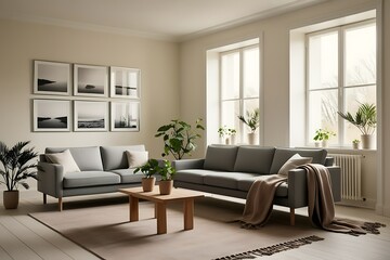 Modern living room with gray sofas, wooden coffee table, plants, and framed art.