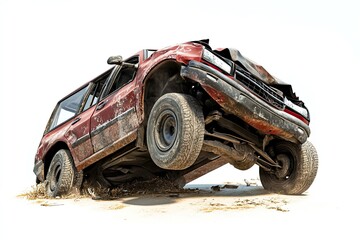 Studio depiction of a rollover crash involving a 4x4 SUV isolated on white.