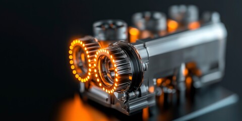 an engine with glowing orange cylinder head on dark blur background