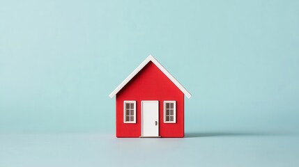 Red house model displayed on blue background home decor studio setting minimalistic design