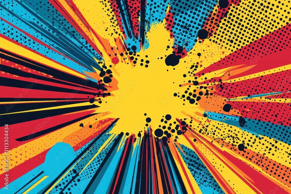 Poster Bright explosion of colors with dynamic lines and splashes creating a vibrant abstract background. Perfect for creative projects and energetic designs.