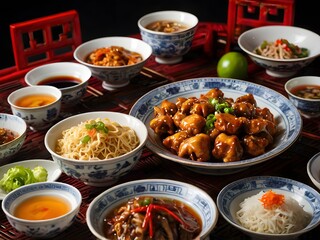 various kinds of Chinese food on the table during Chinese New Year