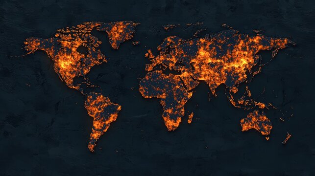 Illuminated world map showing glowing population density at night