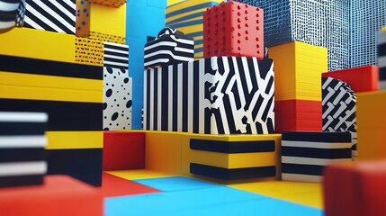 Abstract colorful 3D geometric shapes composition. Playful, vibrant, and modern design.