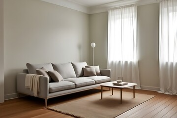Minimalist living room with light grey sofa, wooden coffee table, and sheer curtains.