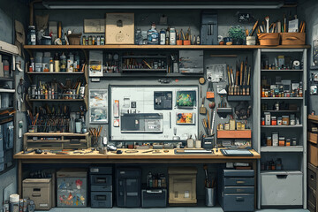 Cluttered art studio workspace with shelves, desk, computer, and supplies.