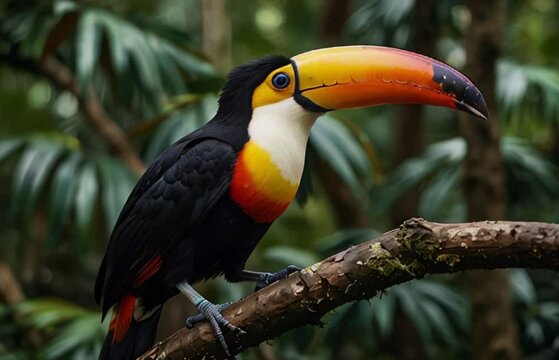 Animation of Toco Toucan. Bright colors of the toco toucan perched in the tropical forest, its striking beak adding vibrant contrast to the lush surroundings. Realistic motion.