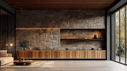 Cozy Modern Living Room with Stone Wall and Wooden Furniture in Rustic Design