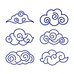 Set of Chinese Japanese Style Cloud Nature Line Outline Decoration in the Sky