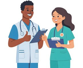 Fototapeta premium Illustration of Friendly Doctors Collaborating with Clipboard – Healthcare, Teamwork