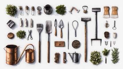 Rustic gardening tools display vintage setting watercolor art soft color palette artistic viewpoint vintage gardening concept