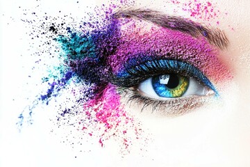 Colorful artistic eye makeup with vibrant pigments and splashes of powder, showcasing creativity and beauty in a striking visual.