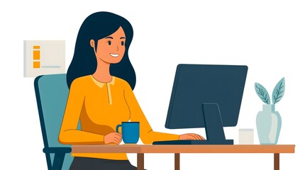 Illustration of a smiling woman working at a desk with a computer, representing office work