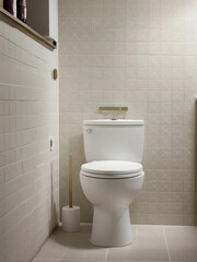 Inside the bathroom, there is a separate toilet against the white wall, equipped with a toilet brush. advertising concept.