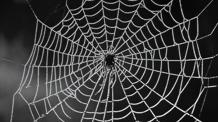 Obraz premium Dew-Kissed Spiderweb: A Black and White Masterpiece