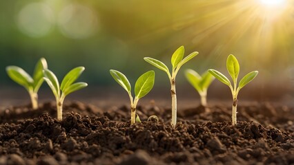 Small seedlings growing into lush plants, soft sunlight filtering through,