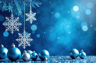 Snowflakes suspended on silver threads on a shiny blue background with blue balls, with a blue bokeh effect. Modern design with the possibility of placing copies for postcards, banners, invitations