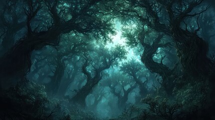 Fototapeta premium dense forest with towering pines, their thick branches weaving together to block out most of the sky. The atmosphere is mysterious and slightly eerie