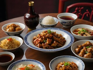 various kinds of Chinese food on the table during Chinese New Year