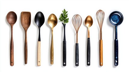 Gentle watercolor arrangement of vintage kitchen utensils home kitchen art print soft color palette aesthetic culinary concept