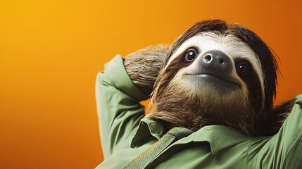 Fototapeta premium A sloth in a green office shirt and tie, looking relaxed with arms behind its head in front of an orange background, creating ample empty space.