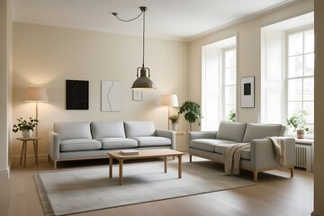 Fototapeta premium Modern living room with light grey sofas, wooden coffee table, and pendant lamp.