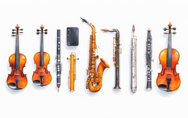 Crafting melodies professional musician's watercolor collection of high-end saxophones and violins with premium brass tuning tools and soft brushes