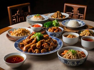 various kinds of Chinese food on the table during Chinese New Year