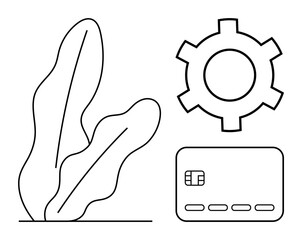 Simple outline of a leafy plant, gear, and credit card. Ideal for business, technology, finance, environment, settings minimalism and digital economy. Line metaphor