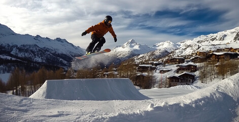 snowboarder jumping in the mountains