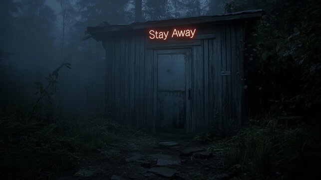 A weathered wooden shack with a neon sign warning 'Stay Away' in a foggy forest.