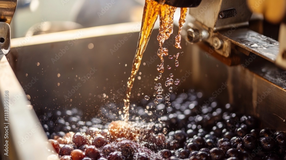 Poster grapes are being processed as golden liquid flows from the press into a container, capturing the ess