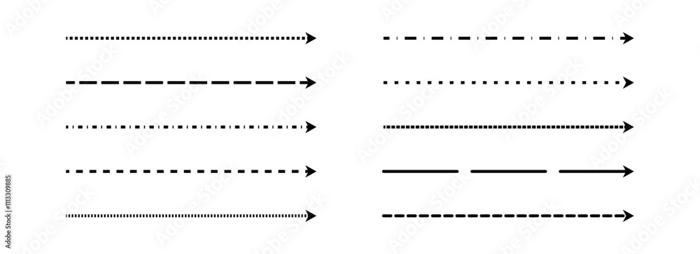 Poster black straight thin dashed arrow set. long dotted arrows collection. outline stripe element bundle f