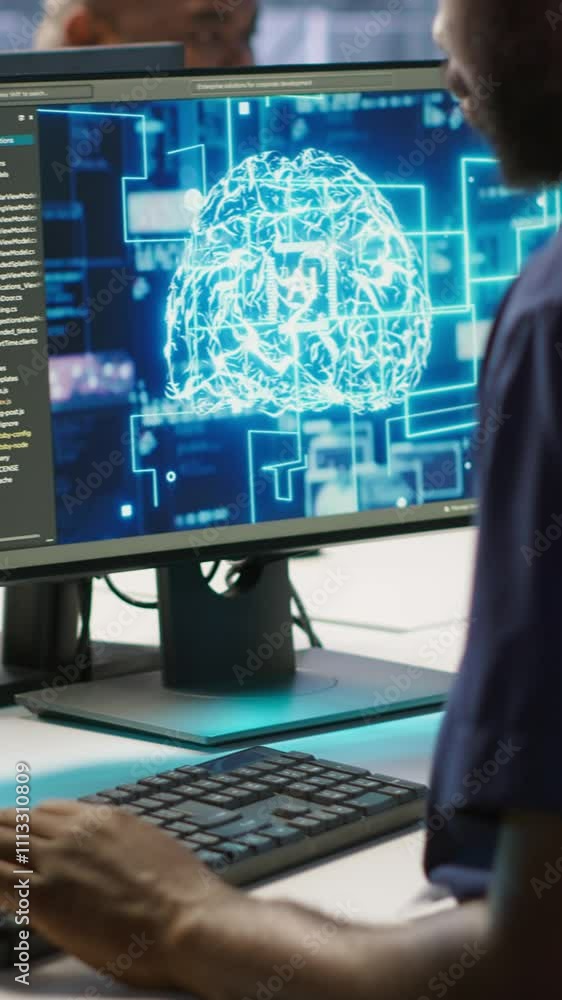Poster vertical video african american worker in data center implements advanced ai driven predictive maint