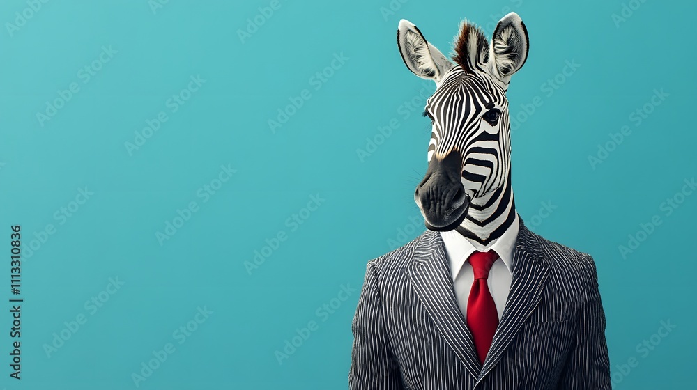 Poster a zebra in a black-and-white striped suit with a red tie, standing confidently in front of a cool bl