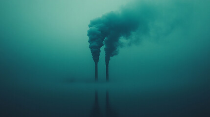 Heavy smoke rising up into the sky from industrial smoke stacks symbolizing pollution, industrialization, and environmental impact, with a sense of tension and change in the atmosphere