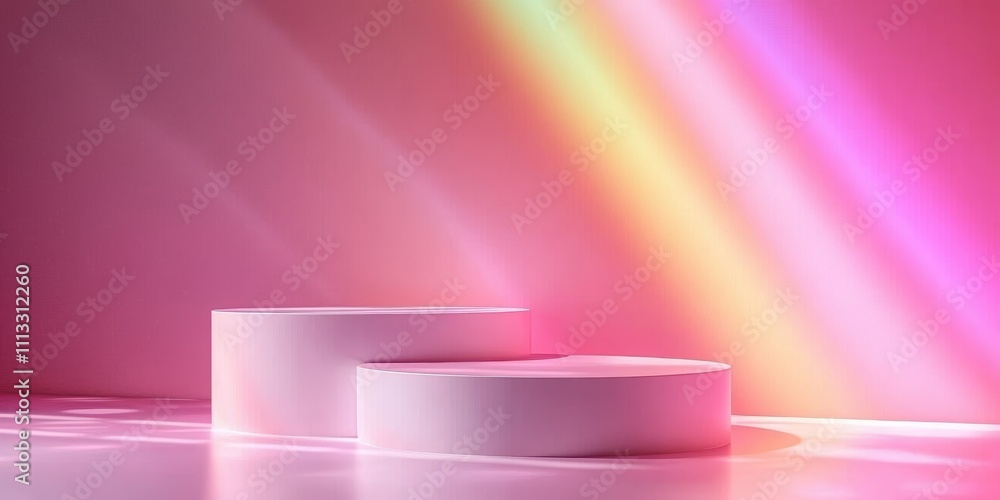 Poster minimalist platforms on pink background with soft rainbow light and shadows, empty display for beaut