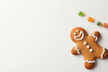 Naklejka premium Gingerbread man with icing and colorful candies on white background
