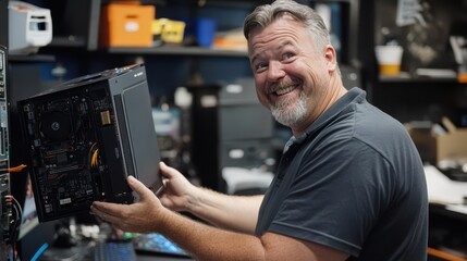 A customer smiling with appreciation as they see their fully functioning computer handed back to them