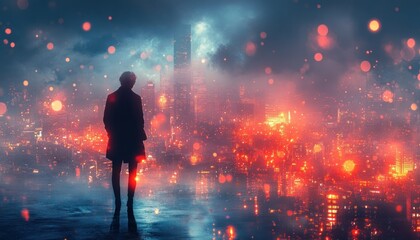 Girl in Suit Looking Up at the Sky in a Dreamy Cityscape