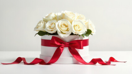 White roses in a luxury white gift box with red ribbon bow and trailing ends. Minimalist studio shot on white background. Romantic floral arrangement concept for greeting card and invitation design