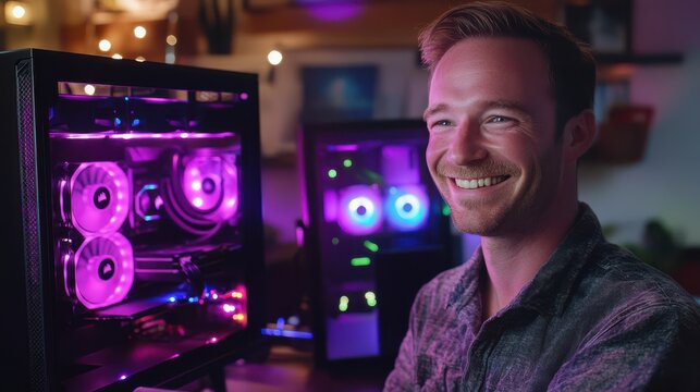 A customer smiling with appreciation as they see their fully functioning computer handed back to them