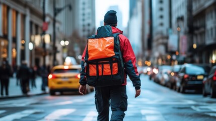Naklejka premium A delivery person navigating city streets to ensure timely food delivery for a busy professional