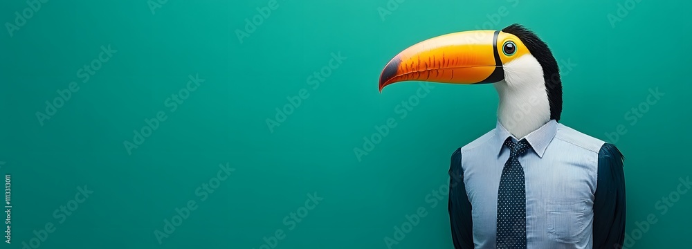 Poster a toucan in a professional office shirt and tie, standing tall in front of a green background with a